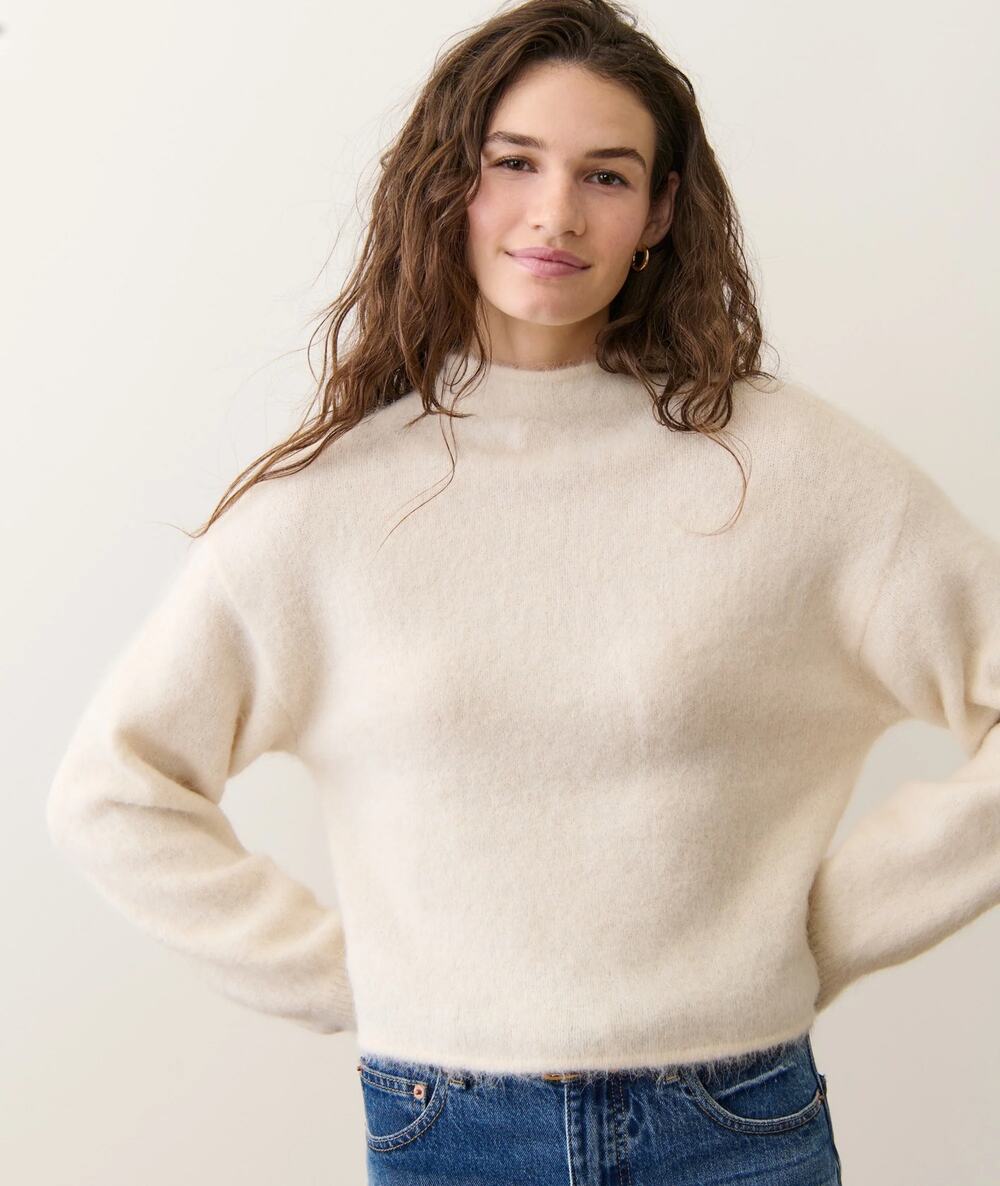 Marine Layer Suri Alpaca Mock Neck Pullover Eyelash Sweater in Cream Small